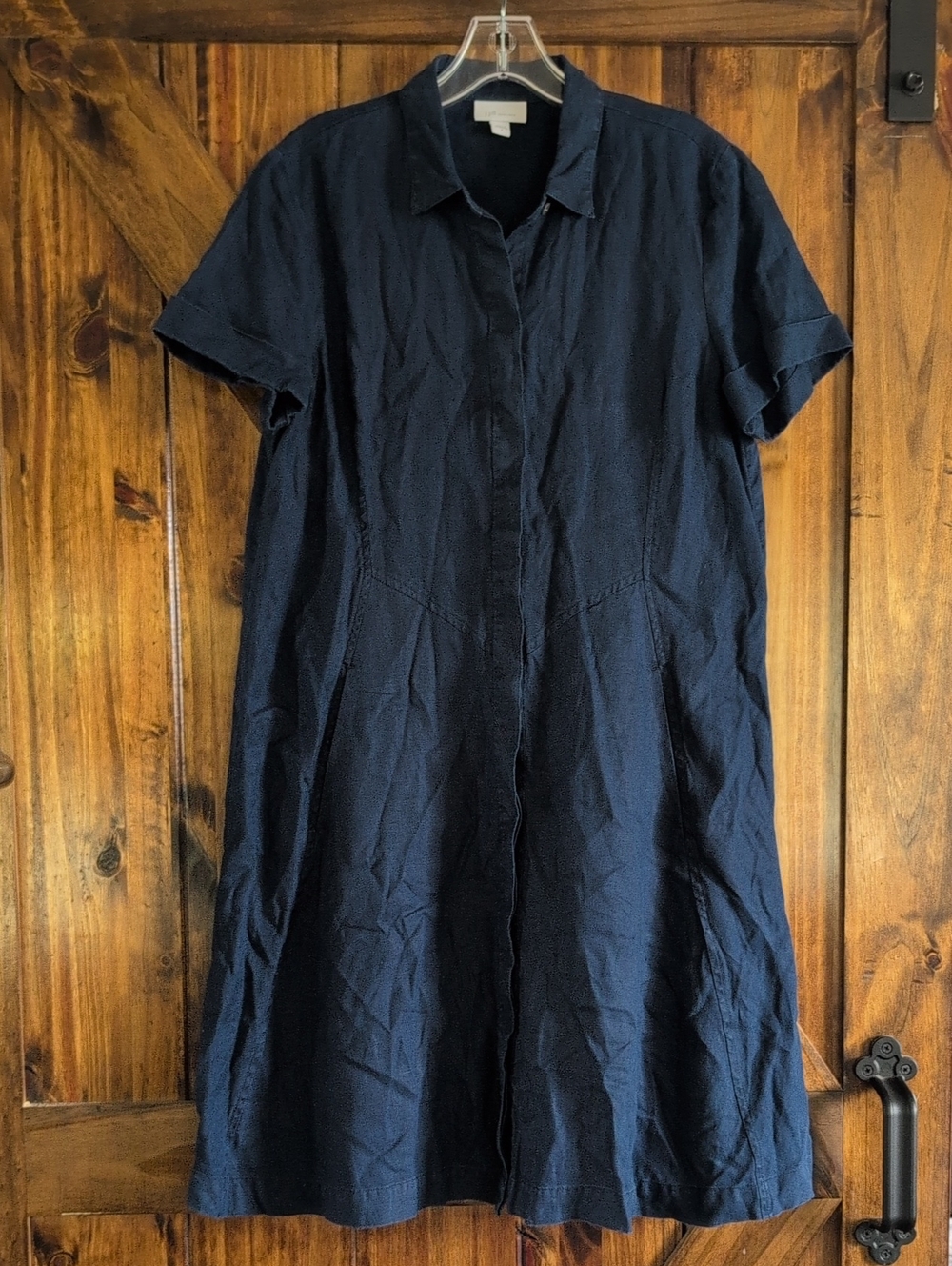 J Jill Love Linen Size Small Navy Button Front Shirtdress Lagenlook Midi Dress